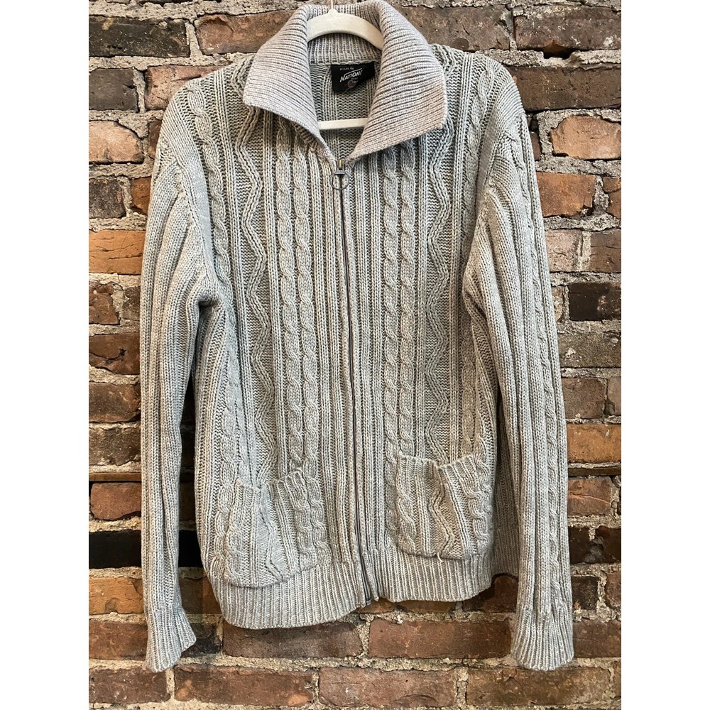 Vintage 70s National‎ Shirt Shops Zip Up Gray Cardigan Chunky Cable Knit Large